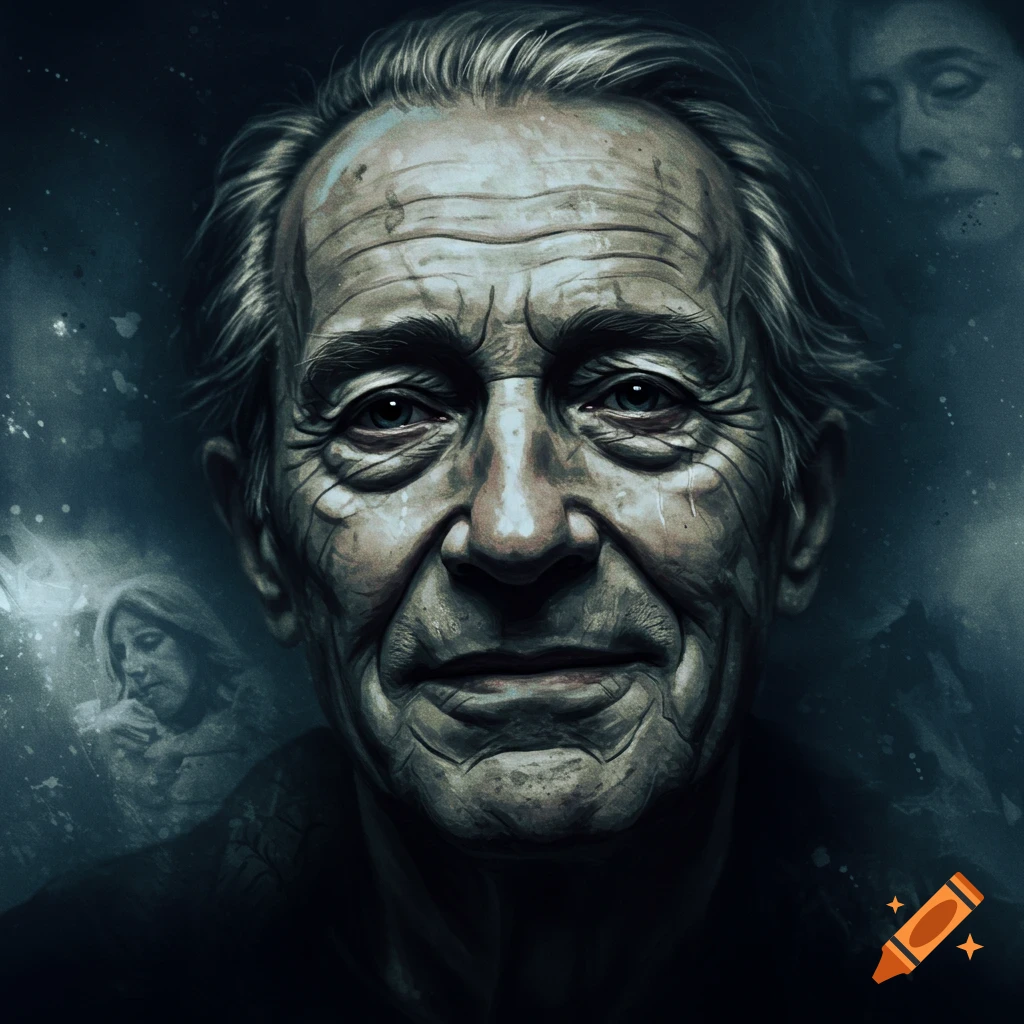 An old man's face with ghostly figures in the background