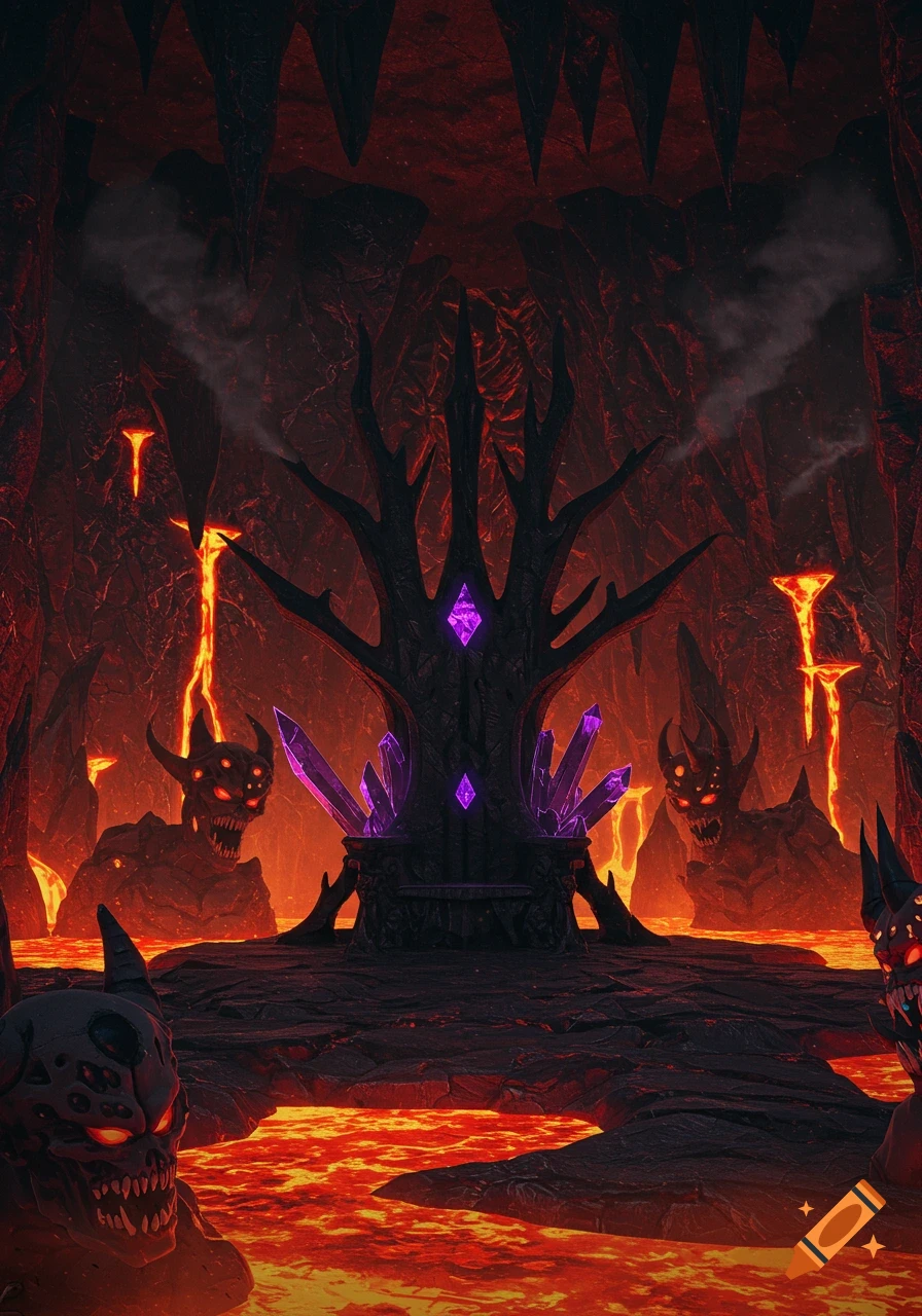 A dark demonic throne sits in a lava-filled cave, surrounded by grotesque monster figures.