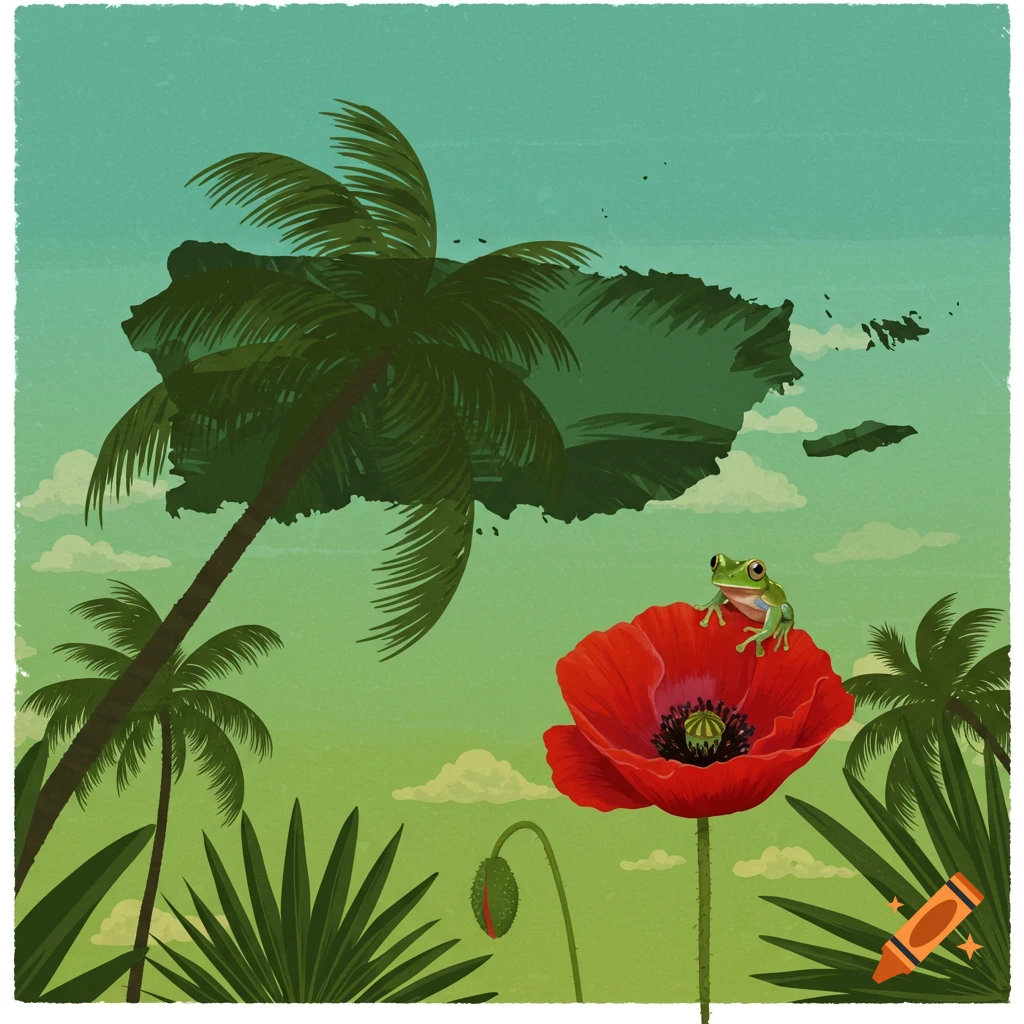 Puerto Rico outline with palm trees, a coqui frog on a poppy flower.