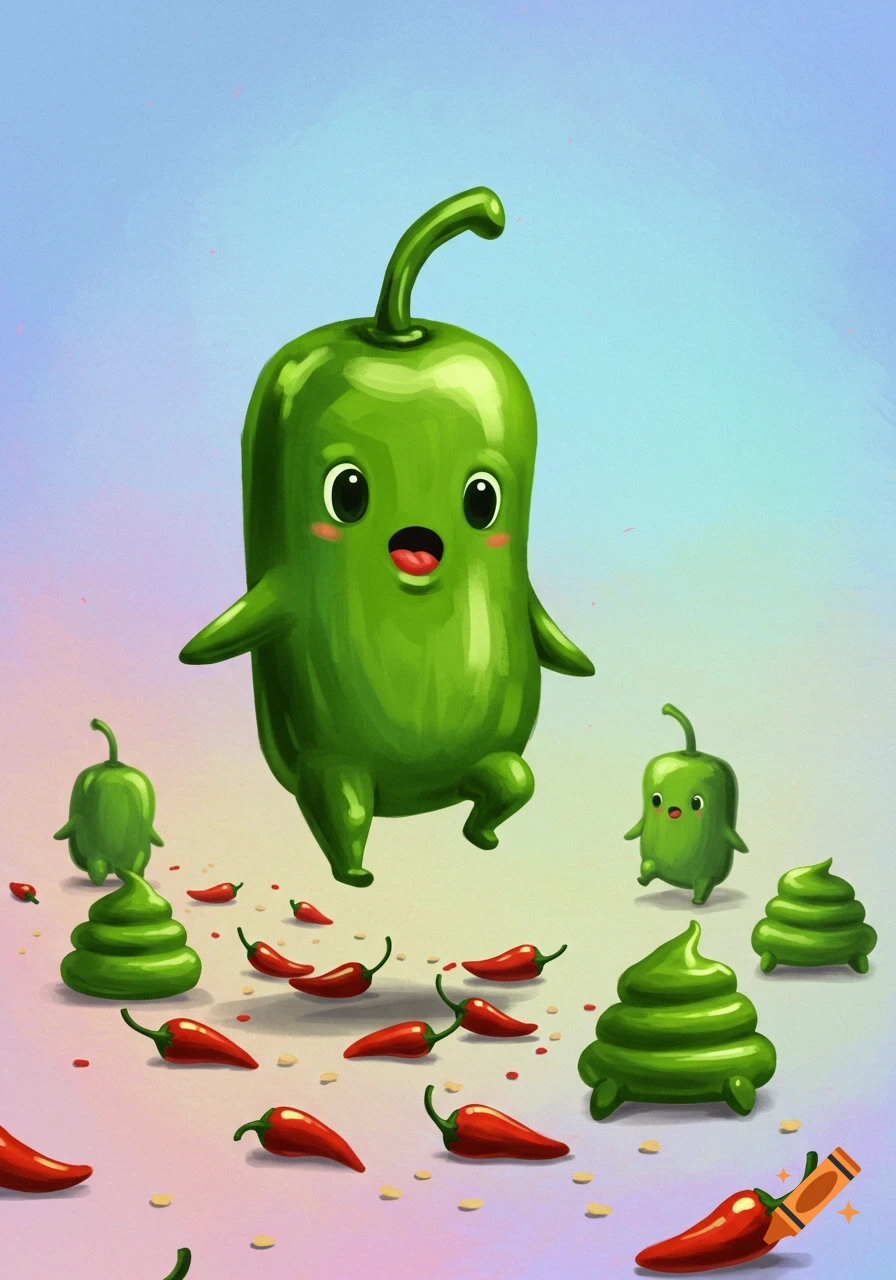 Cartoon green pepper character floats above red peppers and green swirled shapes.