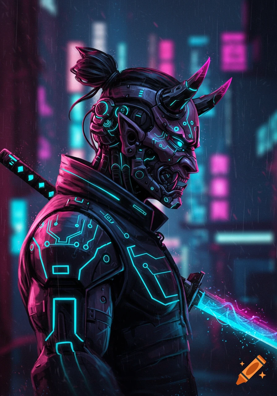 A side view of a cyberpunk character wearing an oni mask with glowing circuitry, holding a futuristic katana, in a rainy city.