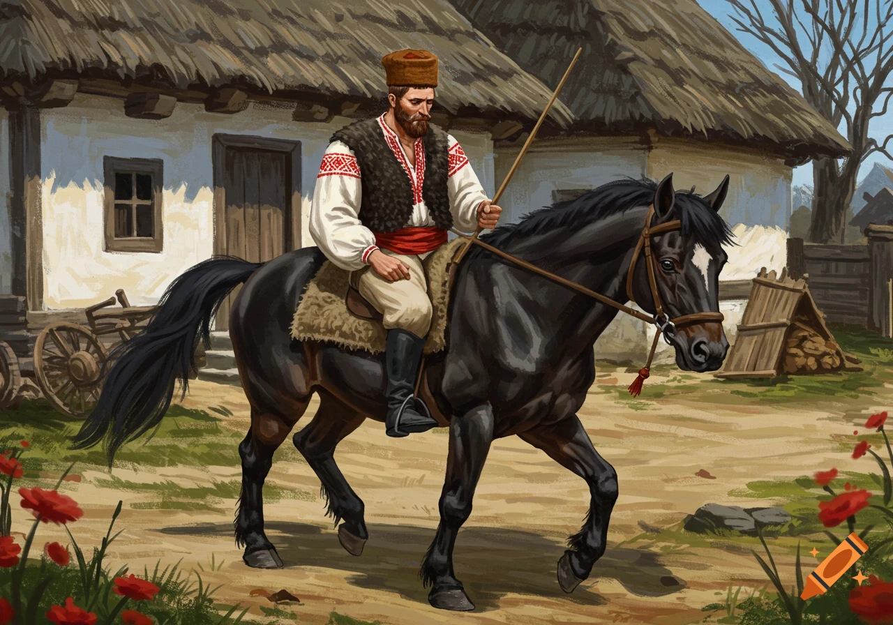 A man in traditional clothing rides a black horse past rural houses.