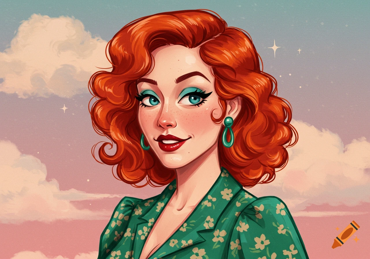 A woman with red hair and teal eye makeup