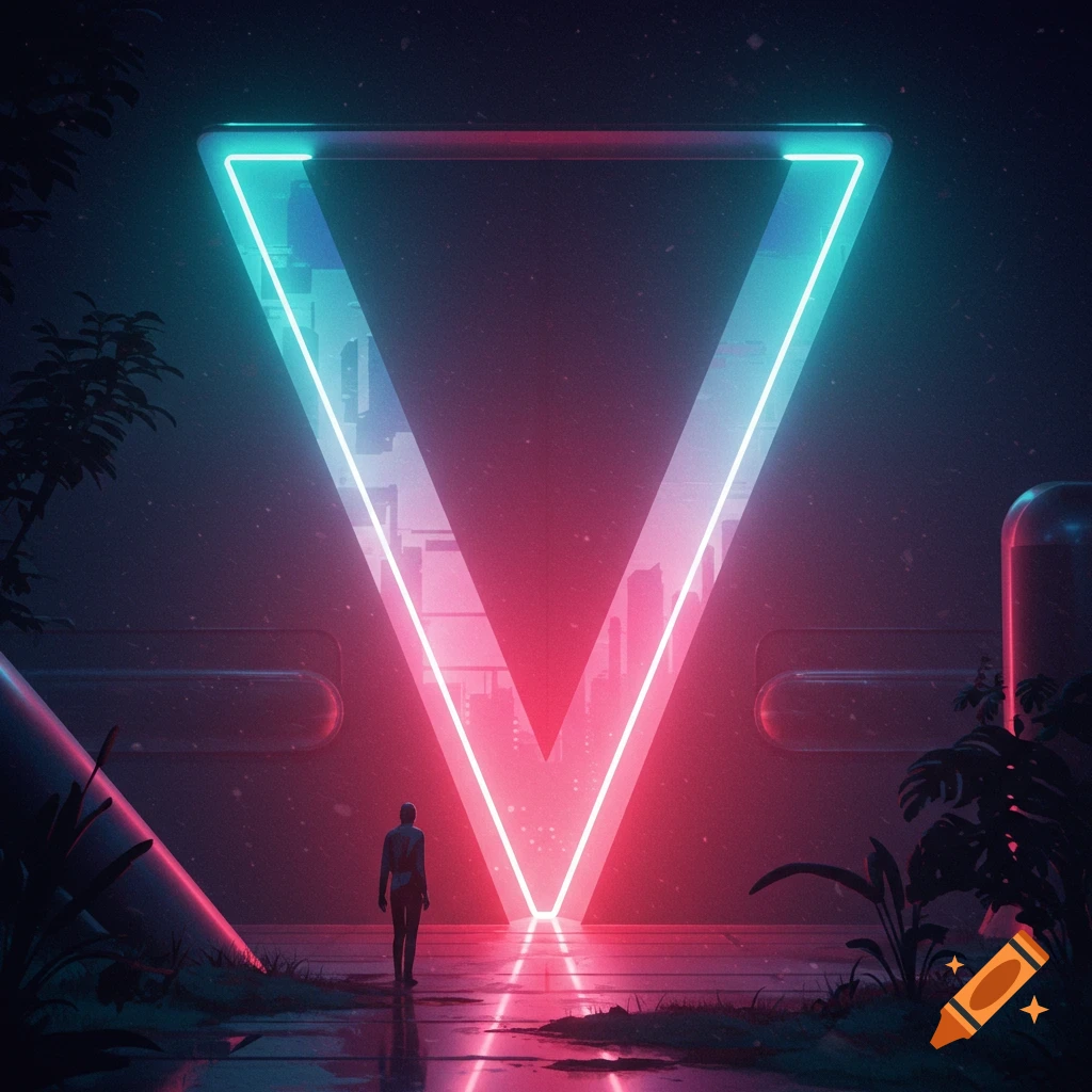 A person standing before a large glowing neon V portal in a dark, futuristic scene with plants.