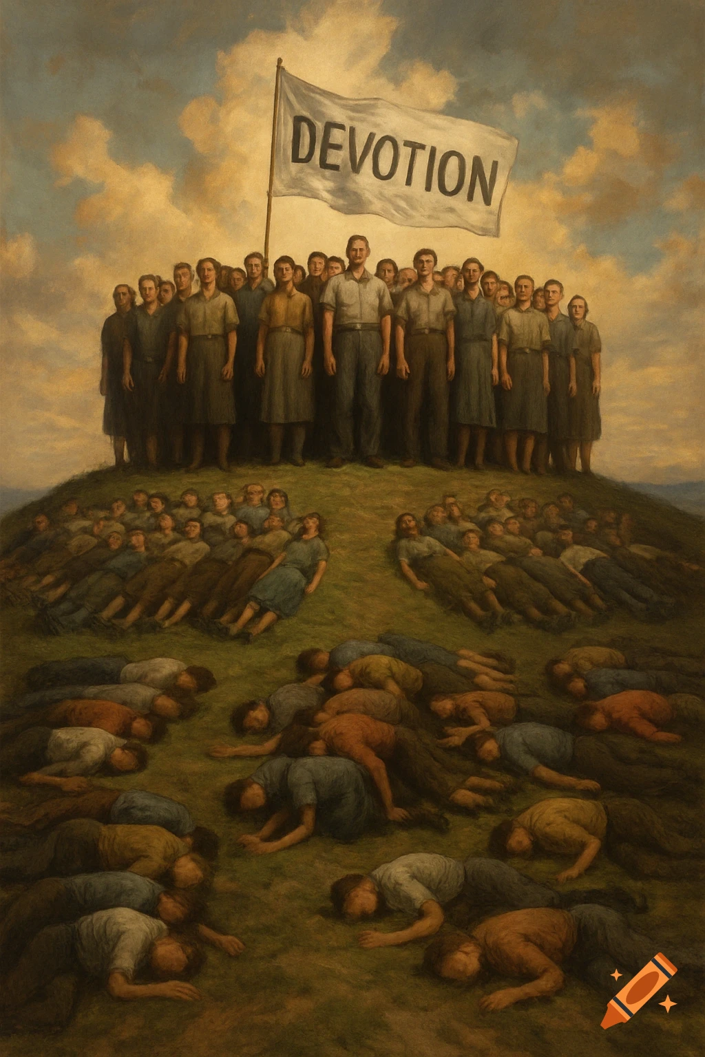 Painting of a crowd standing on a hill with a flag that says DEVOTION, and many people lying on the ground below.