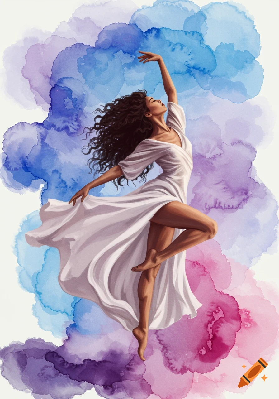 Watercolor art of a woman dancing in a white dress surrounded by blue and purple abstract watercolor shapes.