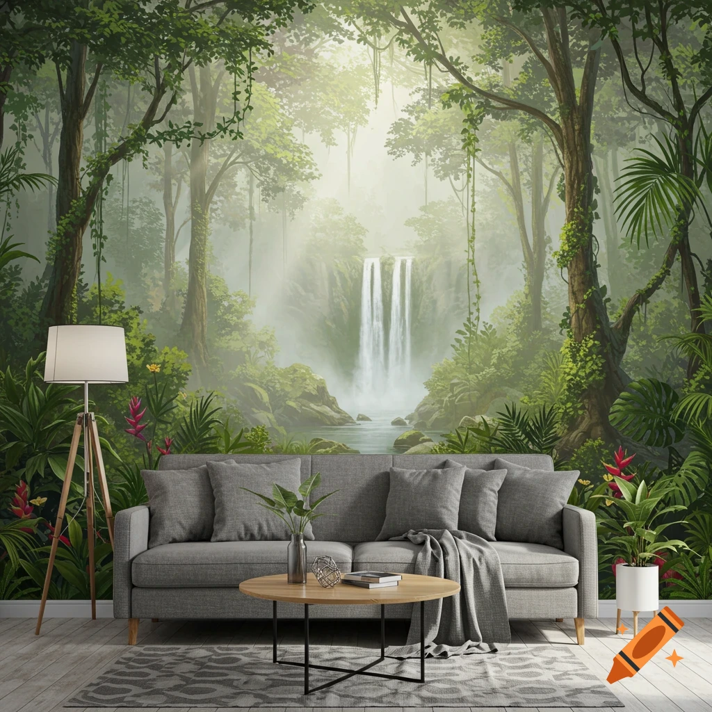 Living room with sofa, table, and large wallpaper of a jungle waterfall.