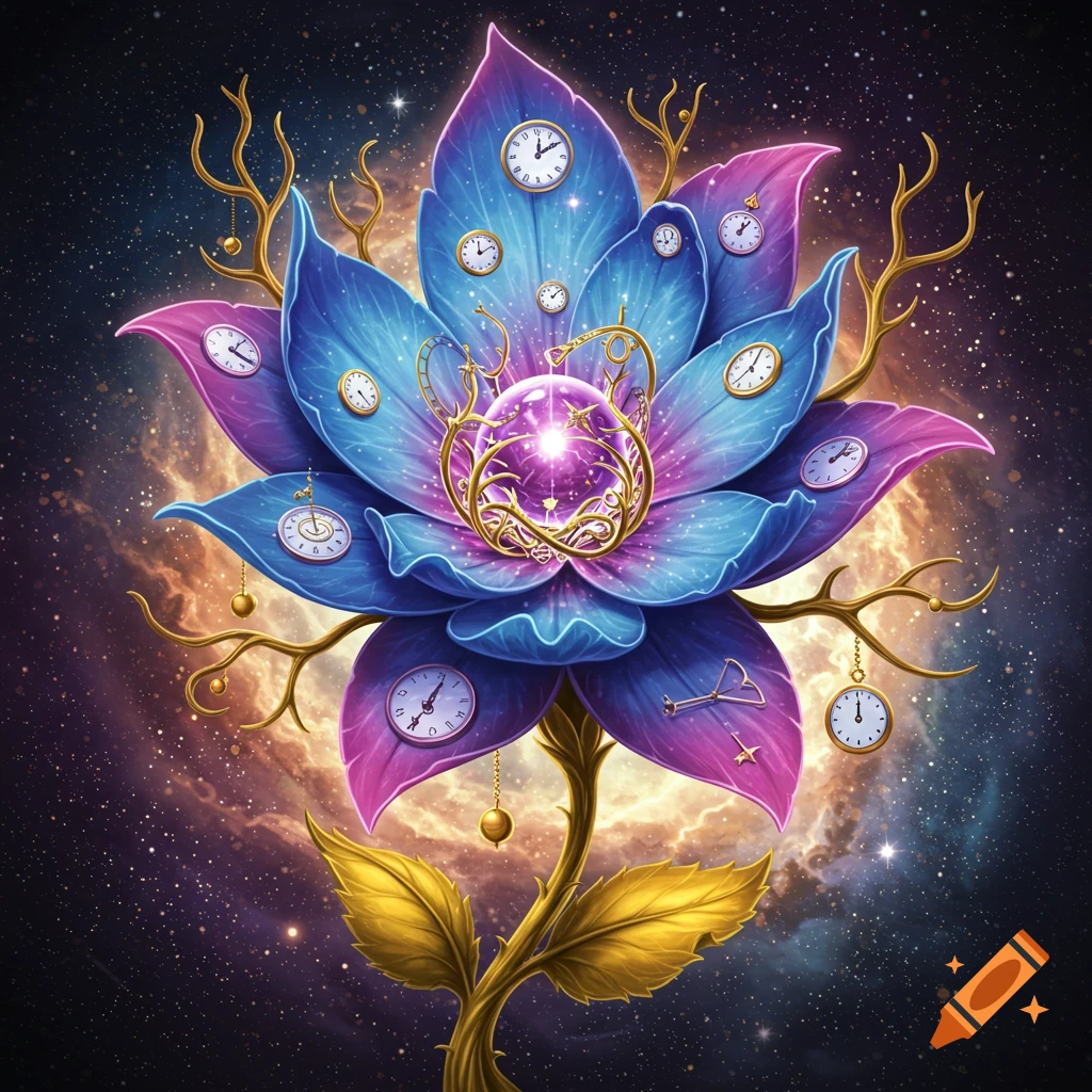 Blue and purple fantasy flower adorned with clocks and golden branches against a starry space background.