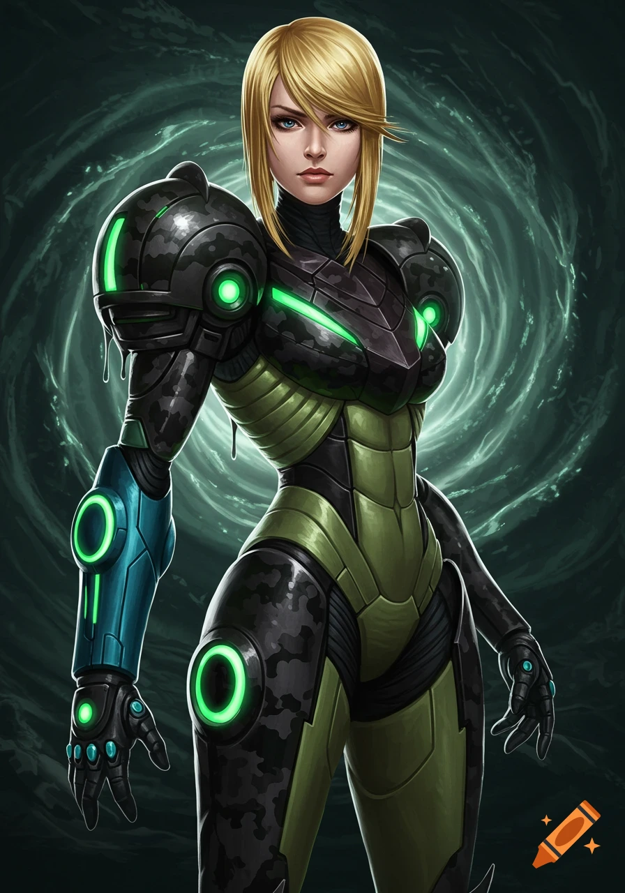 Samus Aran in a black and green suit with green highlights against a dark, swirling background.