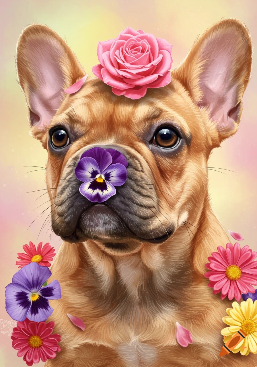 A French bulldog adorned with pink, purple, and yellow flowers.
