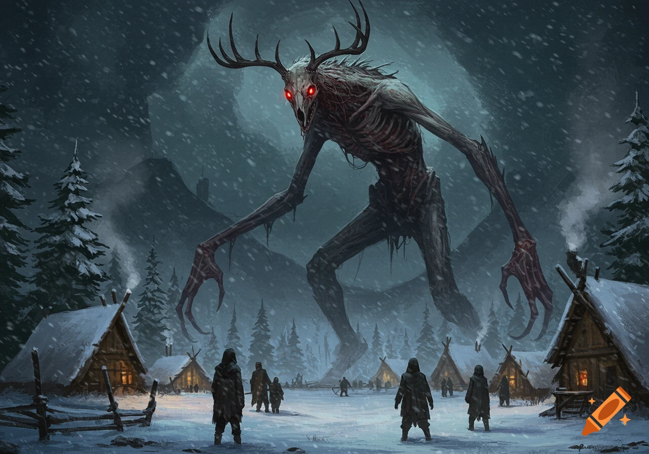 A giant, skeletal Wendigo monster with antlers and glowing eyes towers over a snowy winter village.
