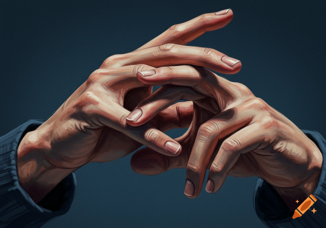 Close-up of intertwined hands against a dark background.