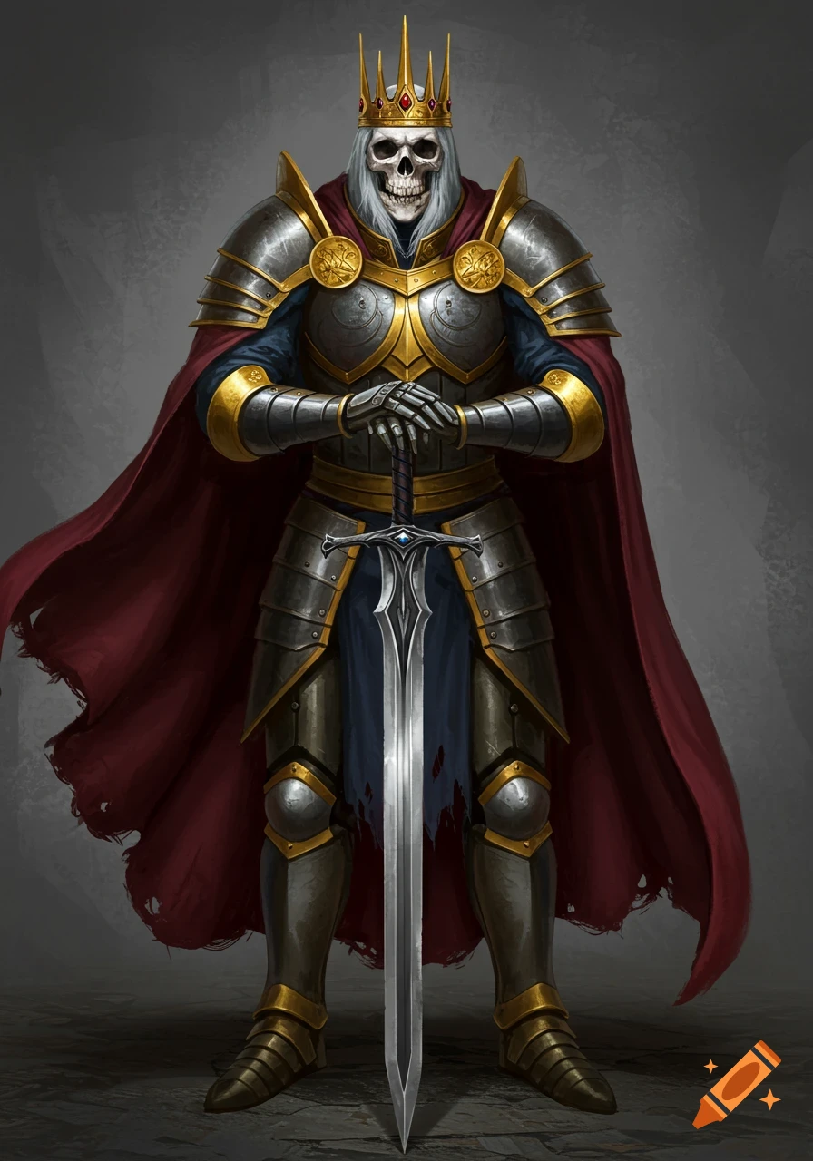 A skeleton king in gold and silver armor holding a large sword.