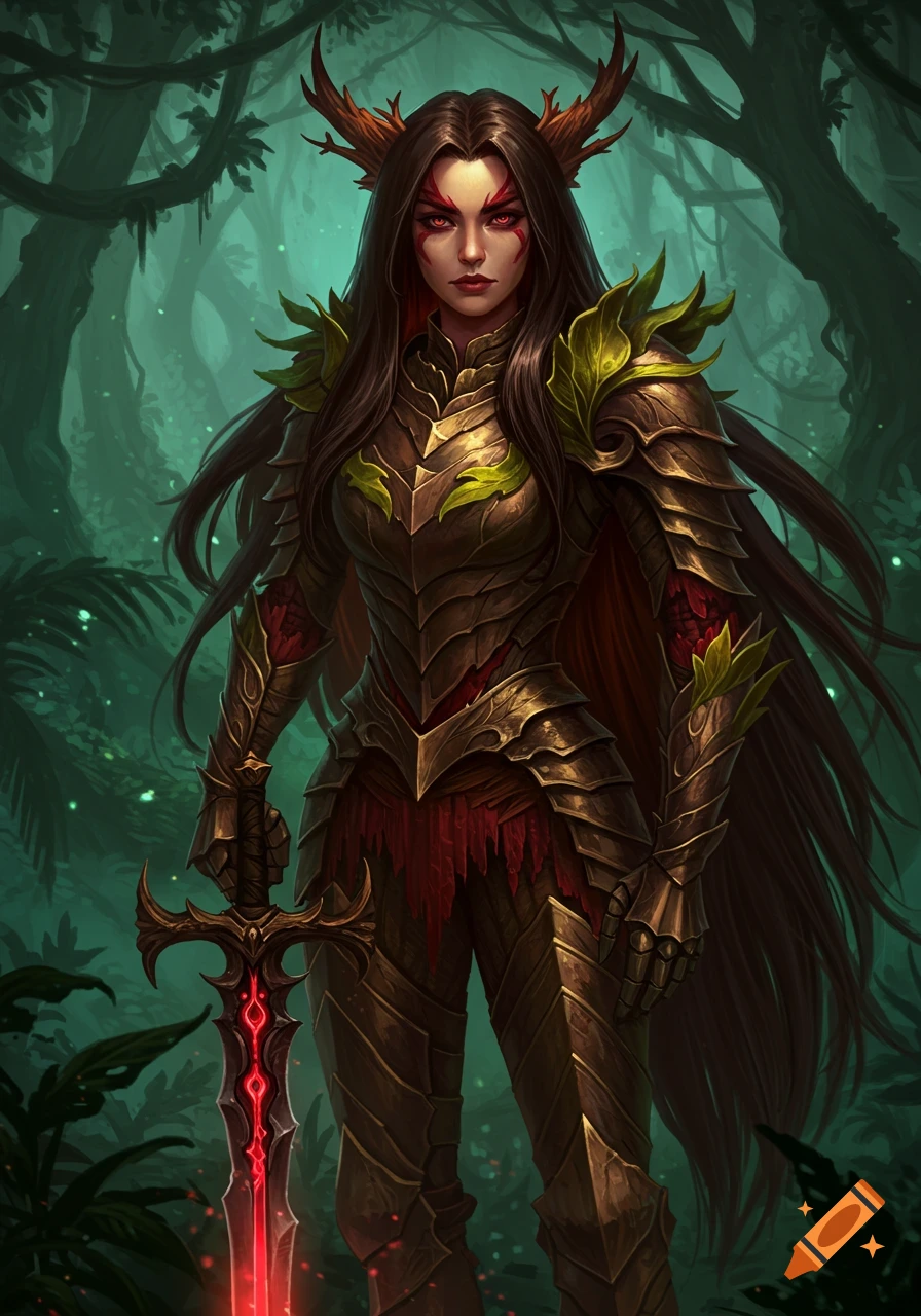 Fantasy warrior woman in armor with horns, glowing eyes, and sword in jungle.