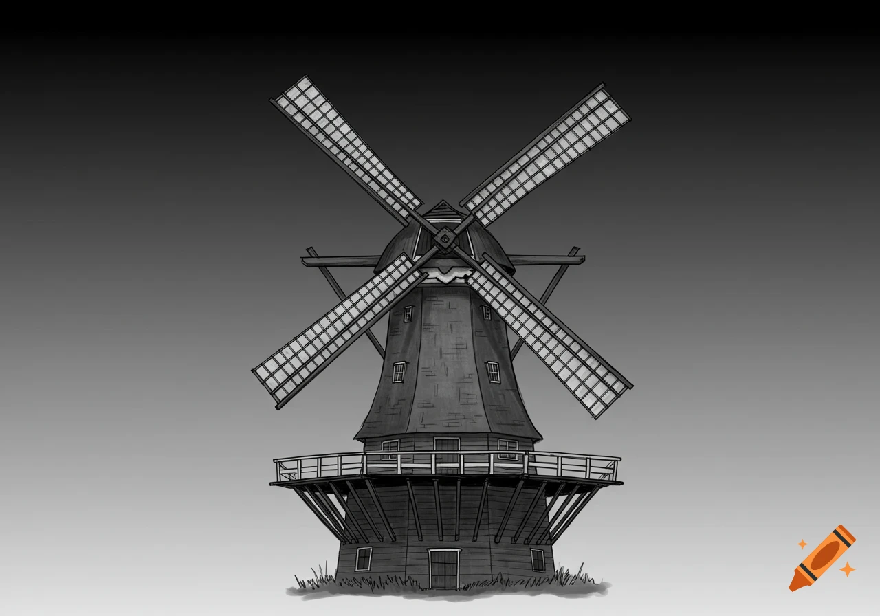 Black and grey illustration of a windmill