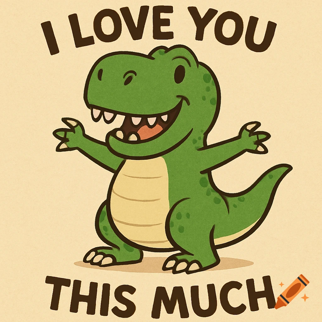A cartoon dinosaur with wide open arms and the text 'I LOVE YOU THIS MUCH'.