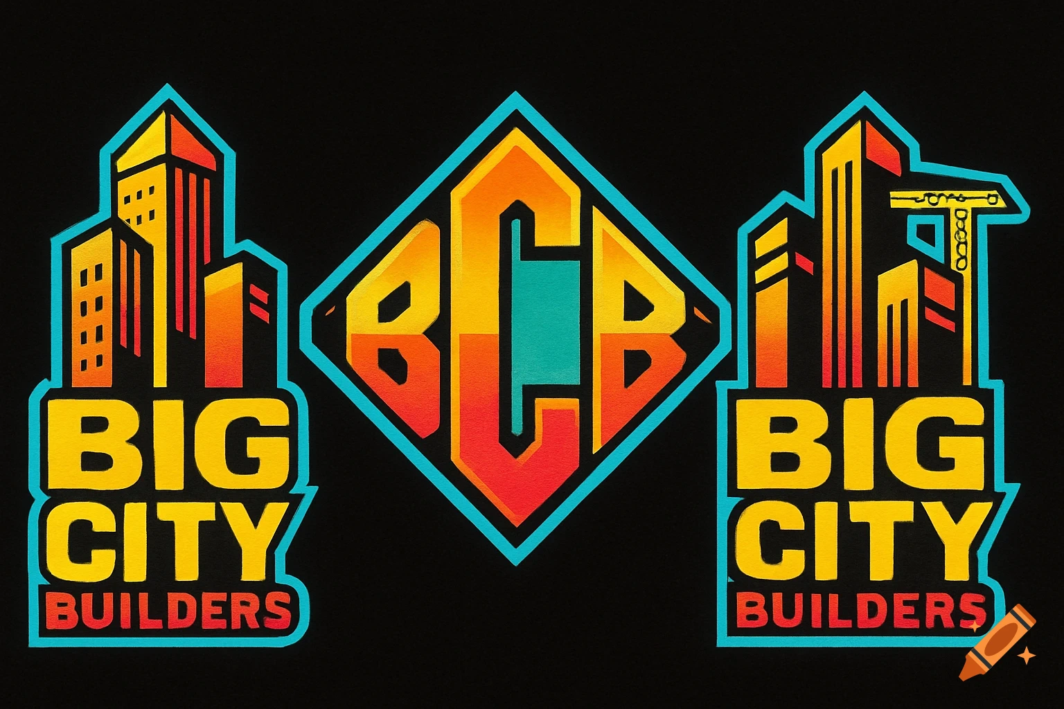 Three colorful logos for Big City Builders, featuring buildings and text in a 1980s graphic style.