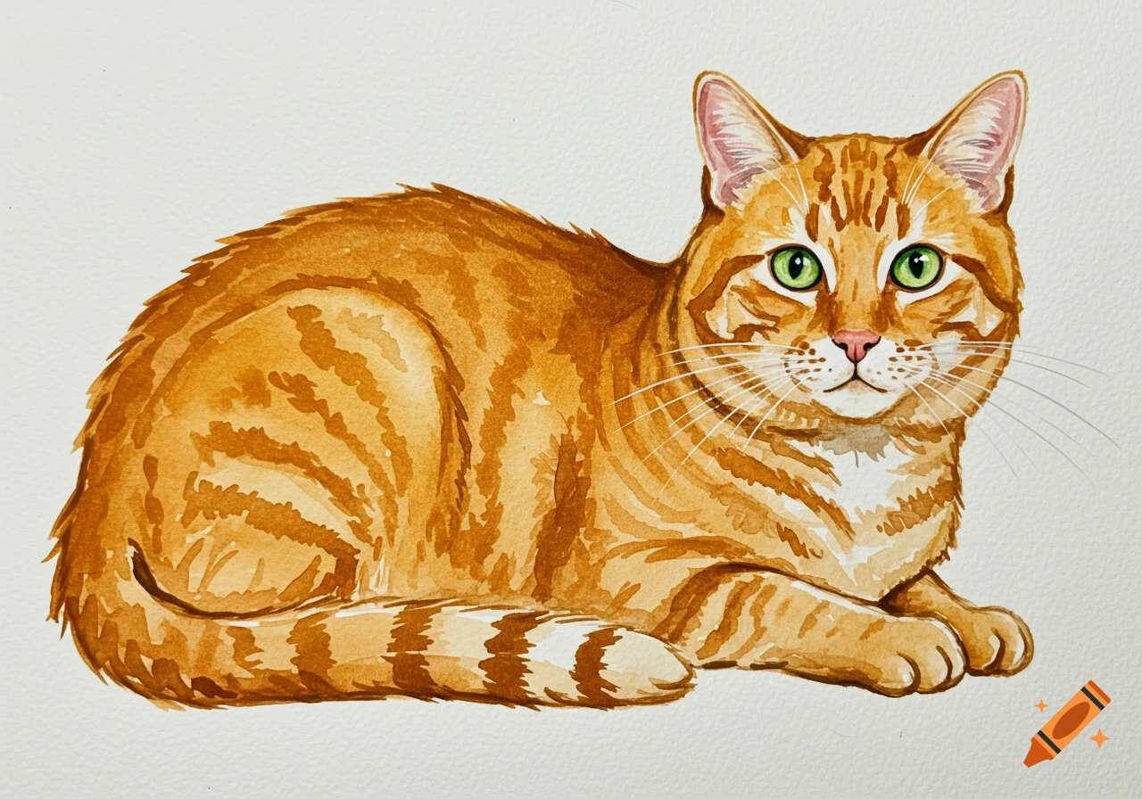 Watercolor painting of an orange tabby cat lying down.