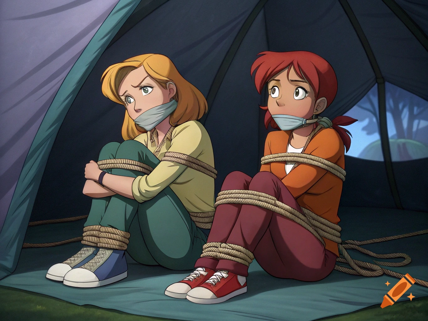 Cartoon women tied up and gagged sitting inside a tent.