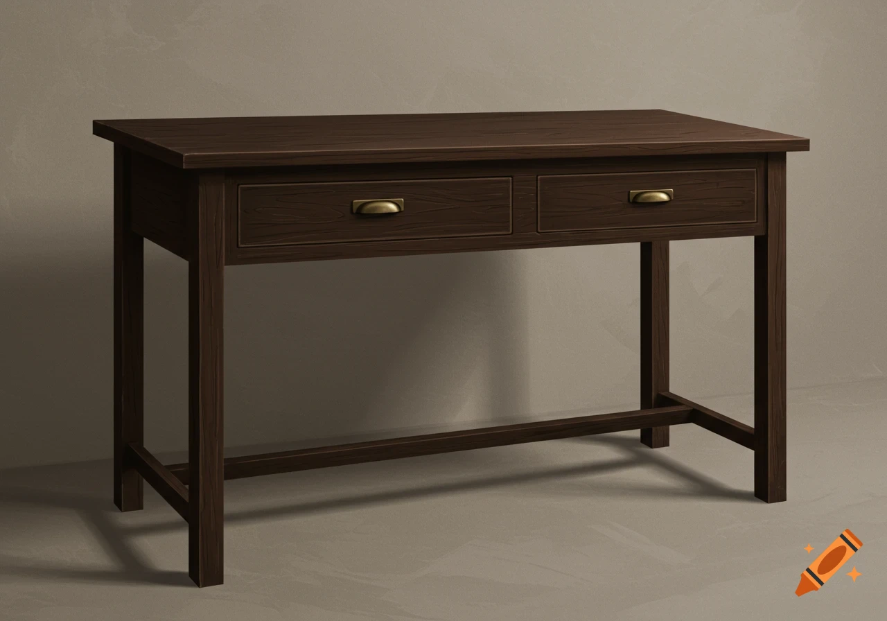 A dark brown wooden desk with two drawers and brass handles.