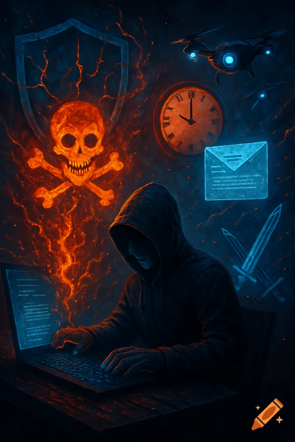 Image of a hooded figure at a laptop, surrounded by cyber icons including a skull, shield, drones, and glowing email symbols.