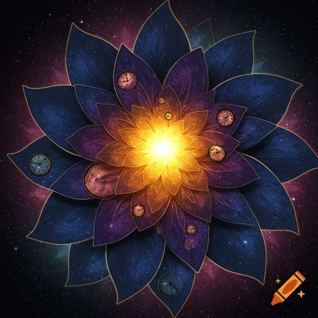 A surreal flower with clocks embedded in its petals, set against a starry galaxy background.