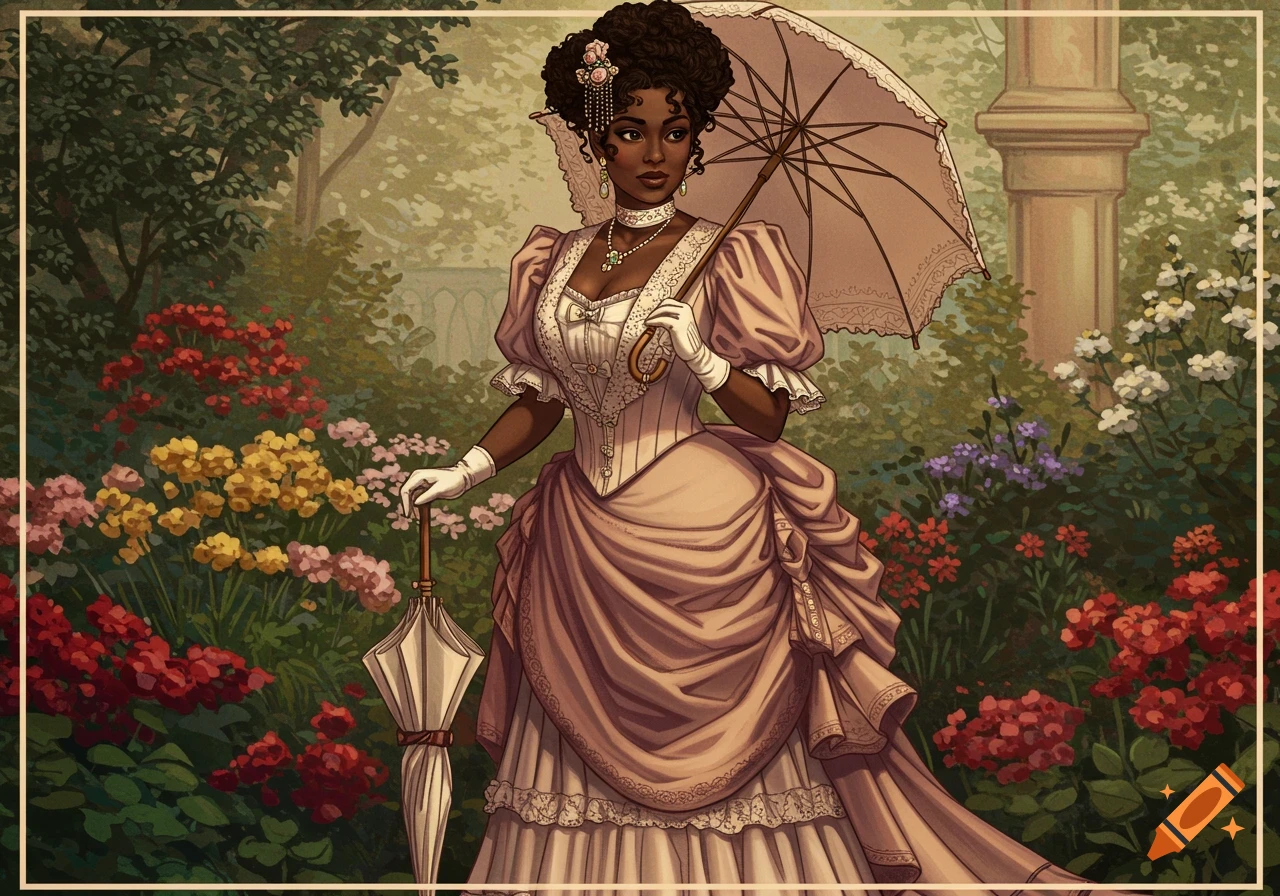 An African woman in a pink Victorian dress and hat is holding an umbrella in a garden.