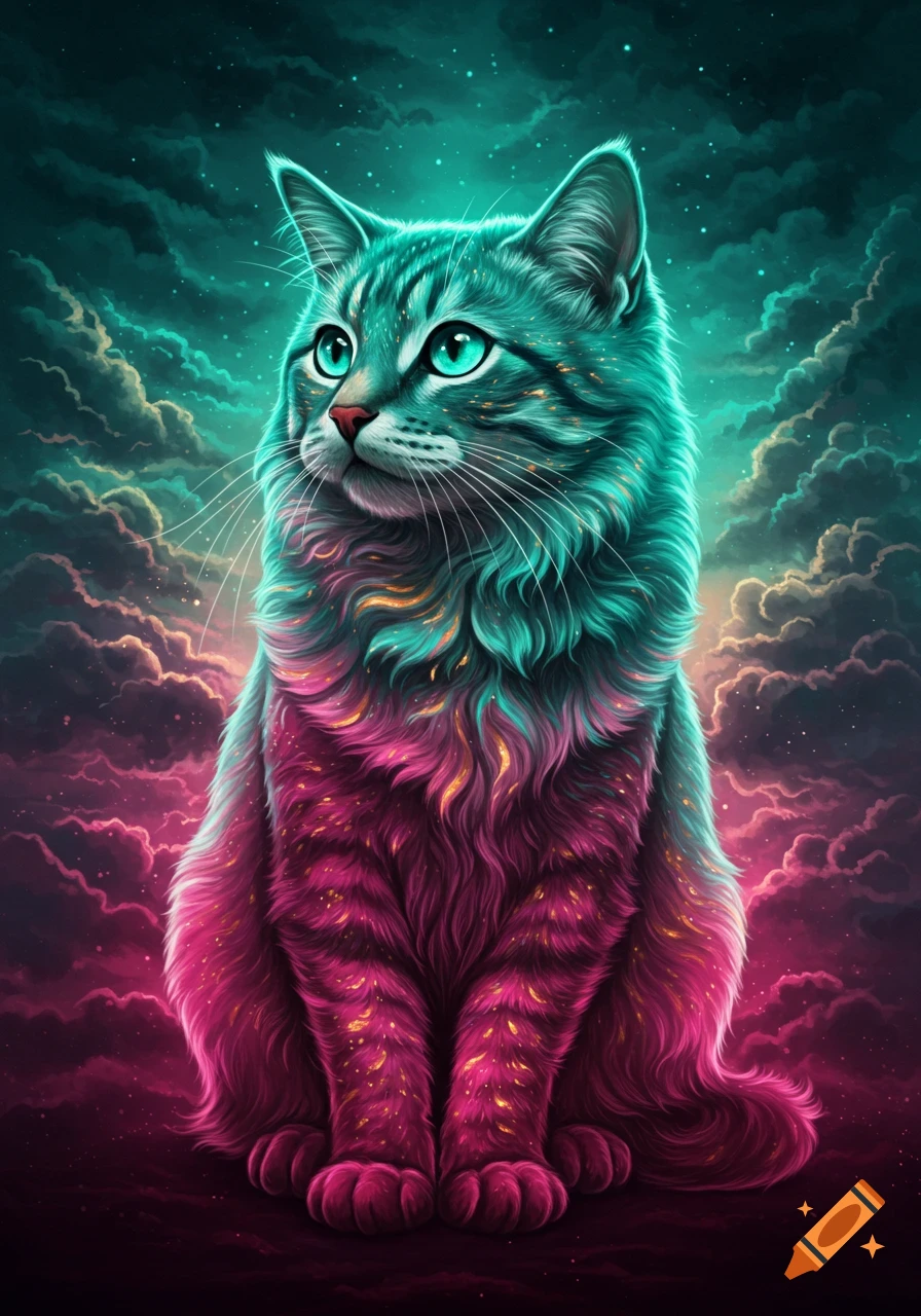 A fantasy cat with glowing pink, blue, and gold fur sits in a starry, cloudy sky.