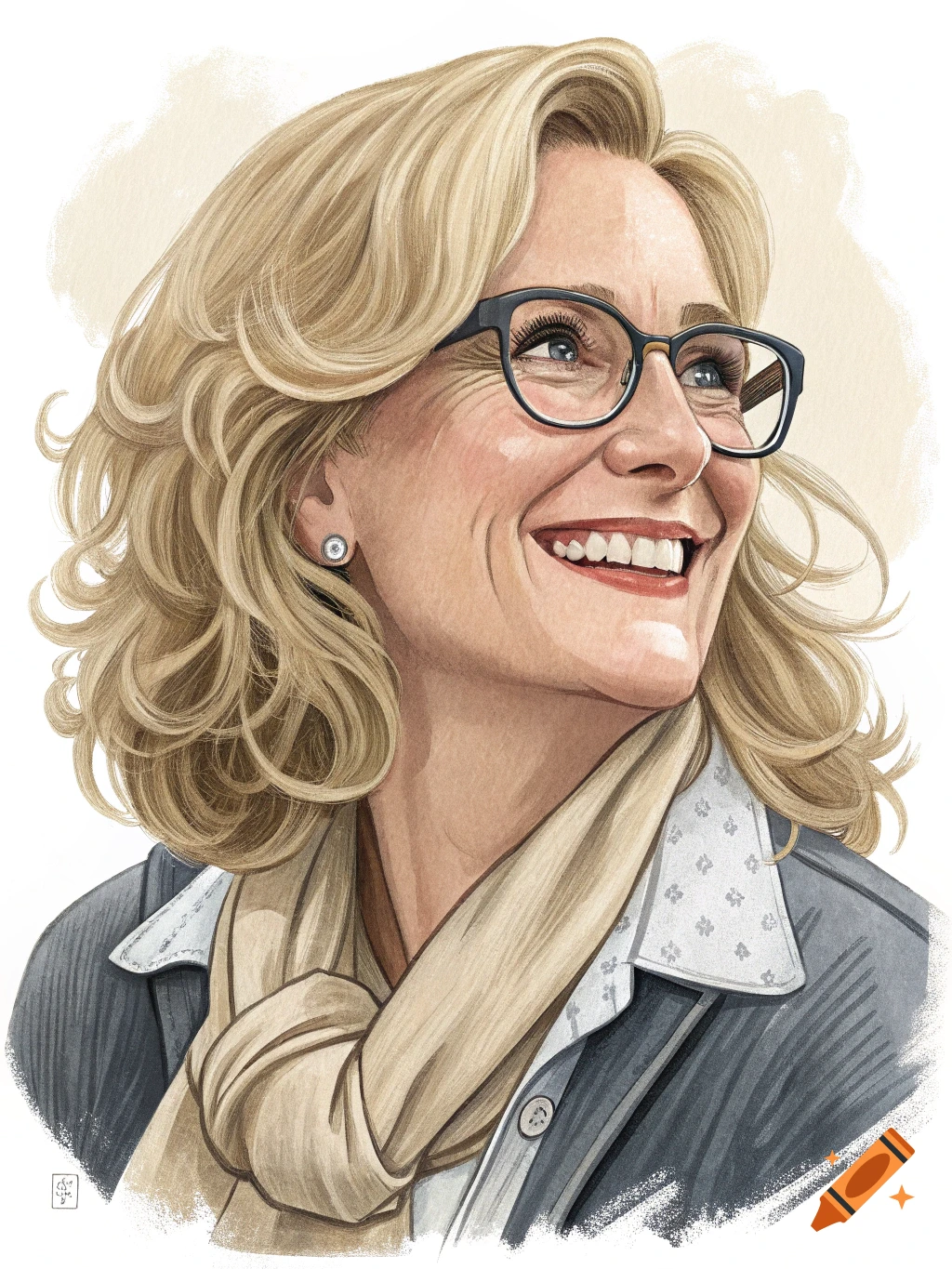 Watercolor portrait of a smiling blonde woman wearing glasses and a scarf.