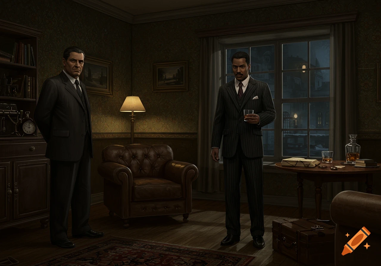 Two men in suits in a dimly lit period room.