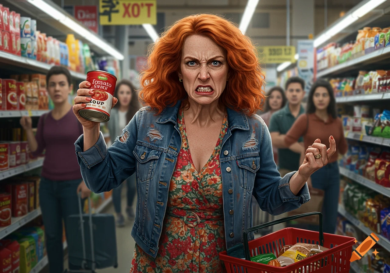Angry woman holding a can of soup in a grocery store aisle