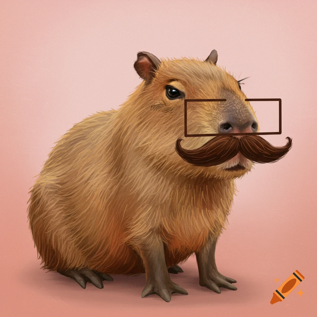 A capybara with a brown mustache and a rectangular box over its nose.