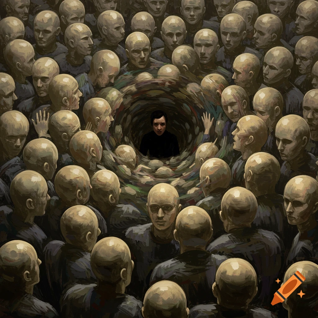 A central figure surrounded by a crowd of bald heads looking inwards.