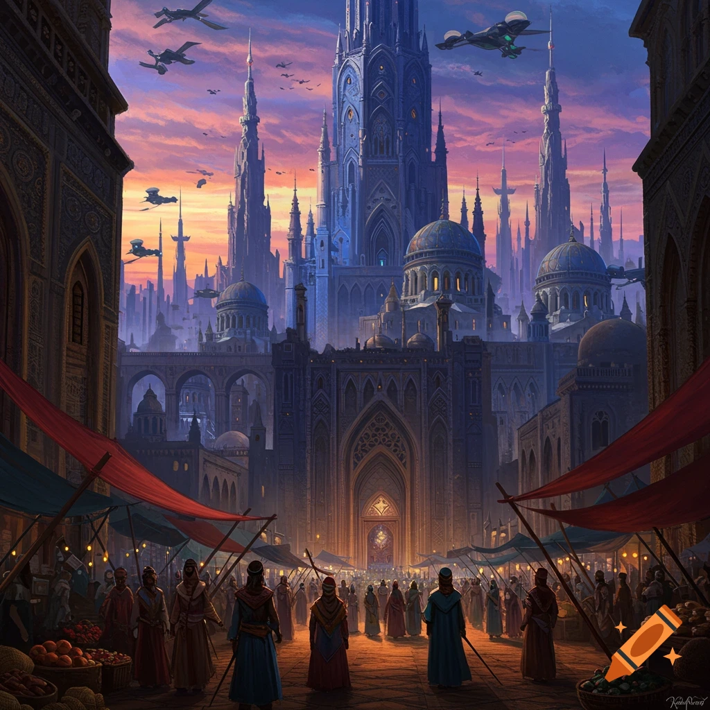 A bustling market square in front of a massive, ornate sci-fi fantasy city building under a sunset sky with flying vehicles.
