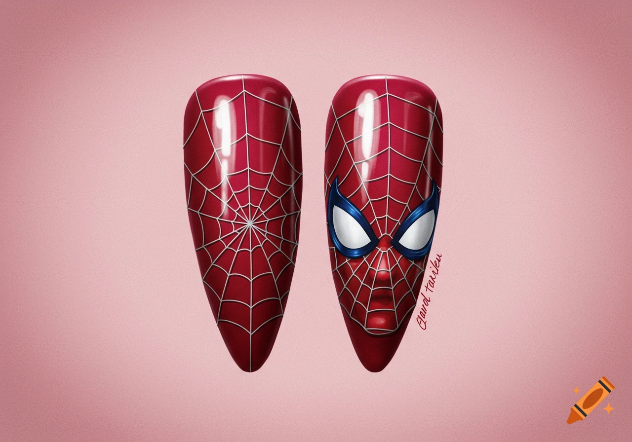 Two artificial nails painted with red spider web and Spiderman mask design on a pink background.