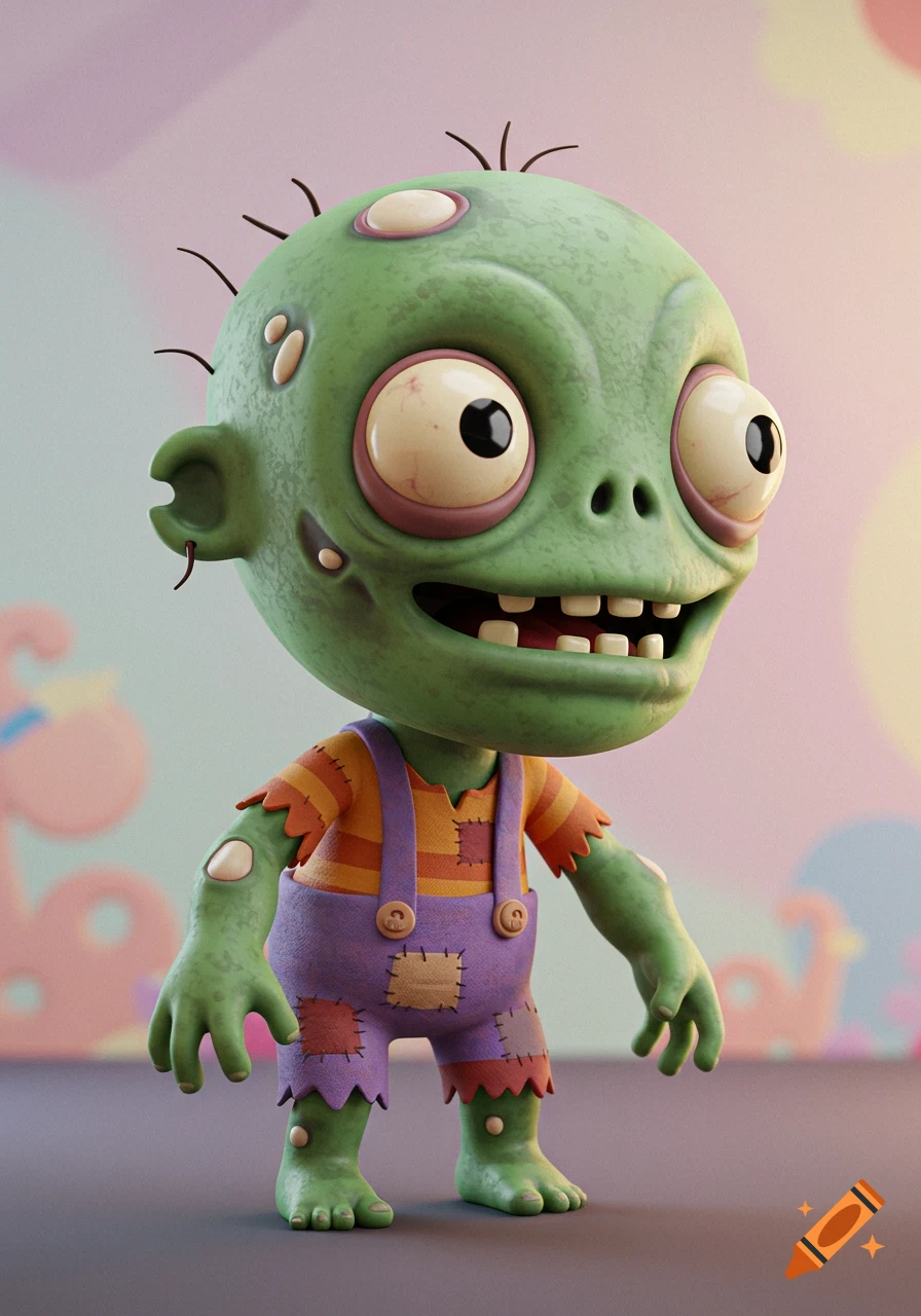 A cute 3D rendered green zombie character wearing overalls and a striped shirt.