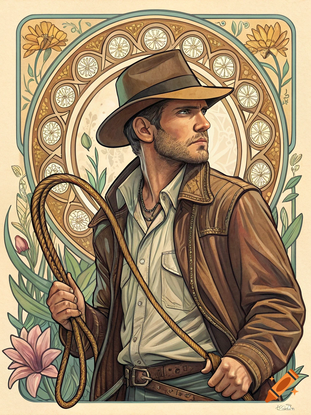 An Art Nouveau illustration of a man resembling Indiana Jones holding a whip.