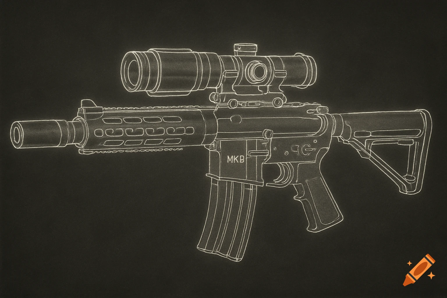 White outline drawing of a rifle with a scope on a black background.