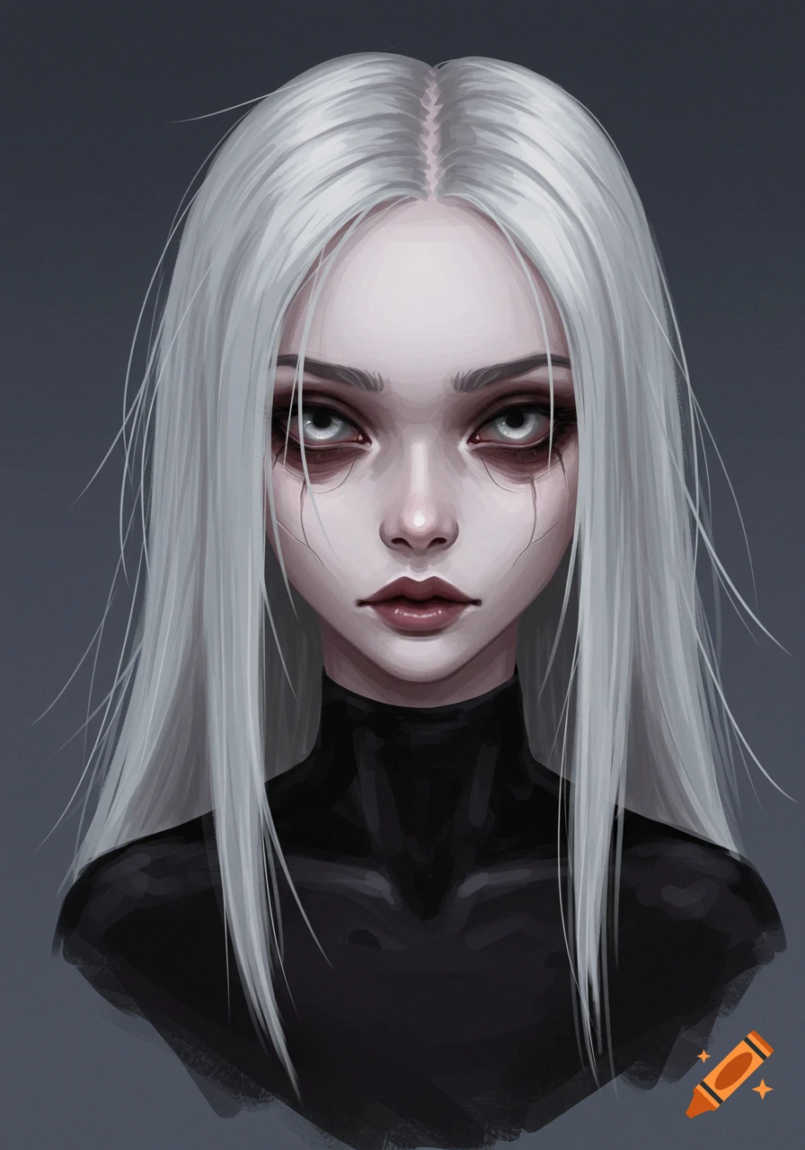 Portrait of a person with pale skin, dark circles, and long white hair wearing a black top.