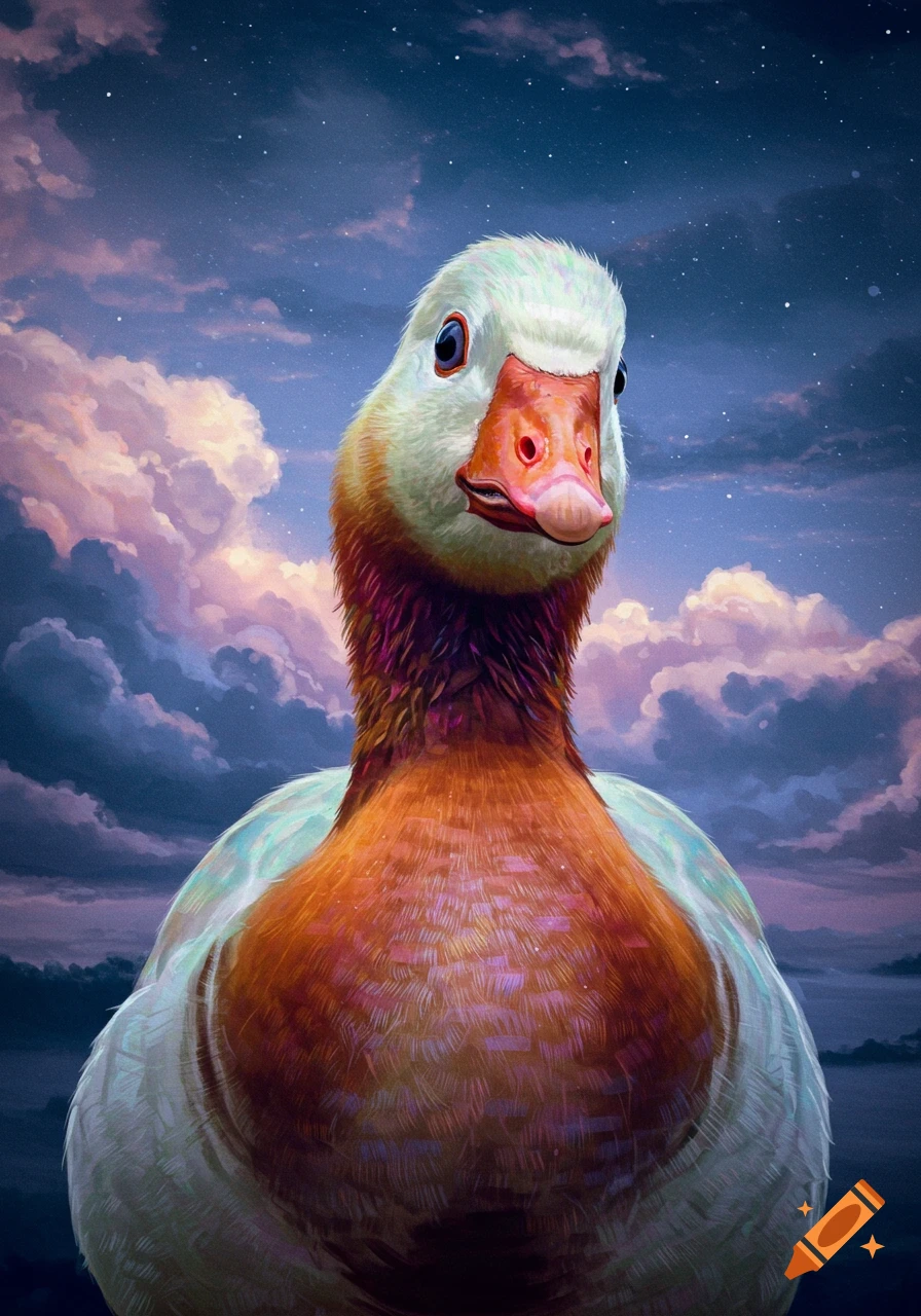 A goose looks up at a cloudy night sky with stars.