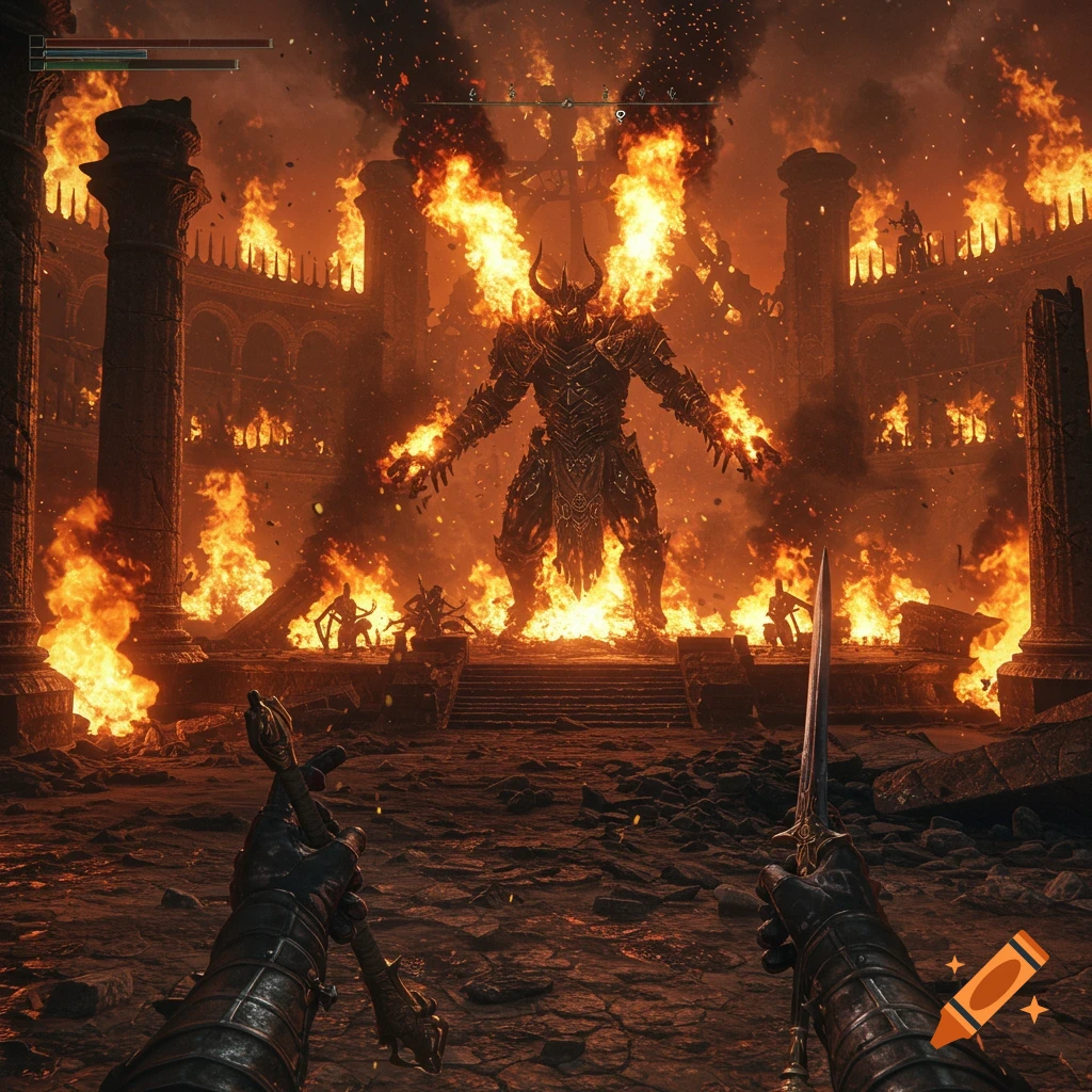 First-person view of a character facing a large fiery demon in a ruined arena.