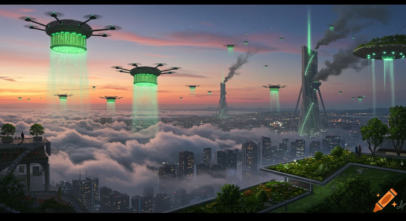 futuristic city skyline with glowing drones over clouds, tall buildings, and rooftop gardens at sunset.