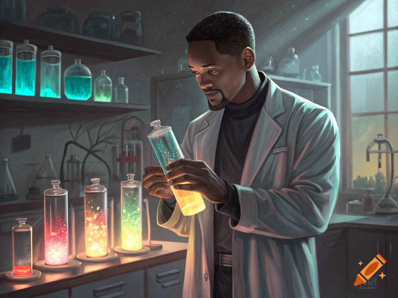 Will Smith in a lab coat examining a glowing vial in a laboratory
