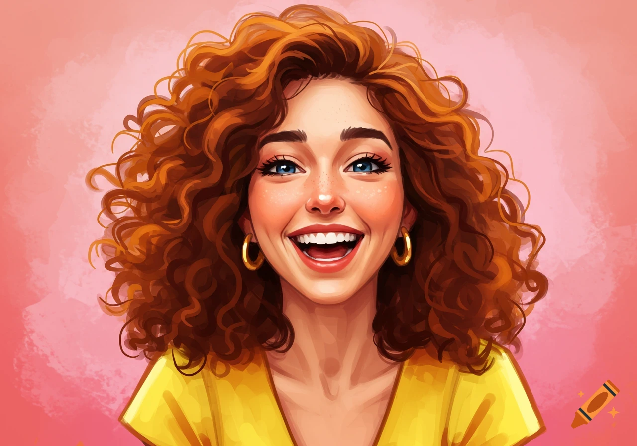 A joyful woman with curly red hair, blue eyes, and freckles.