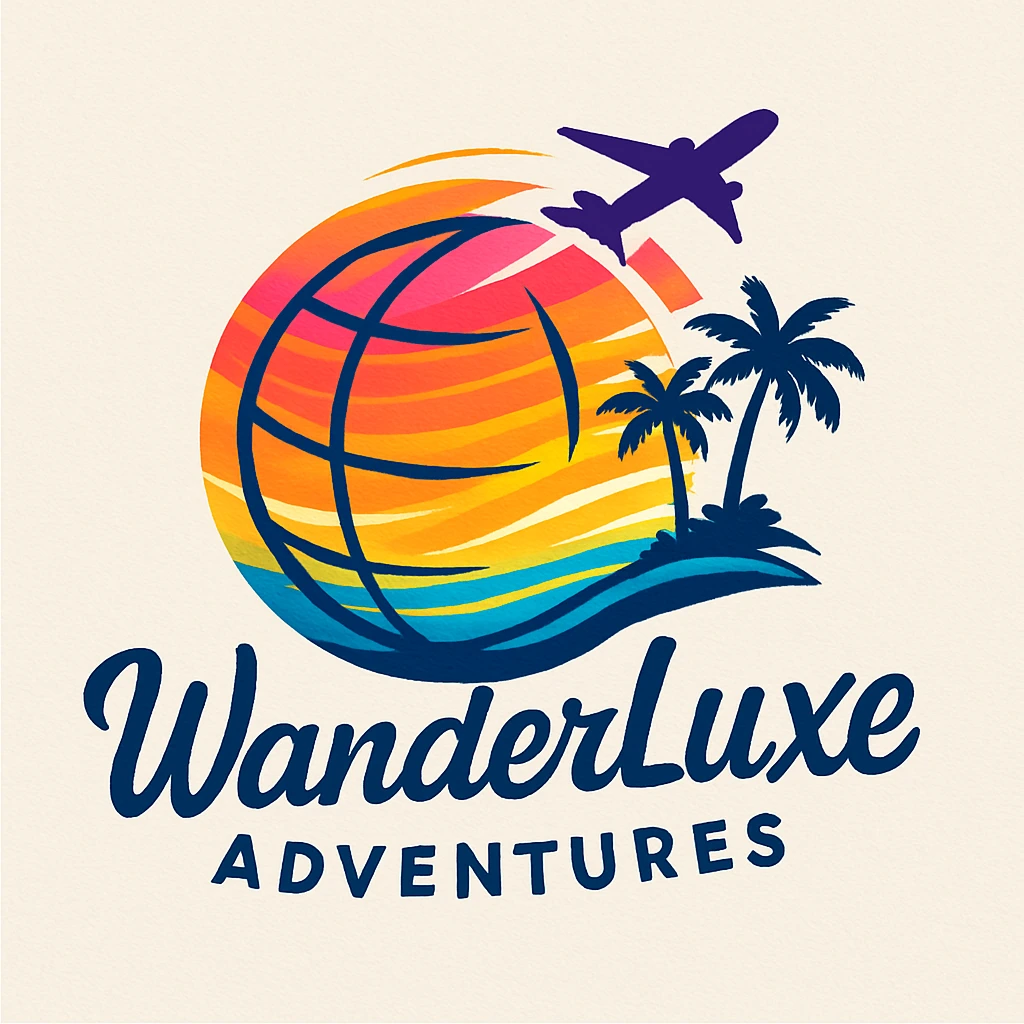 WanderLuxe Adventures logo with globe, plane, and palm trees