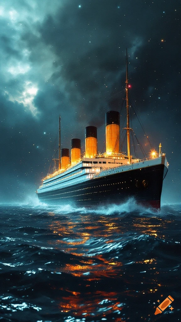 A large ship sailing at night under a cloudy, starry sky, with reflections on the water