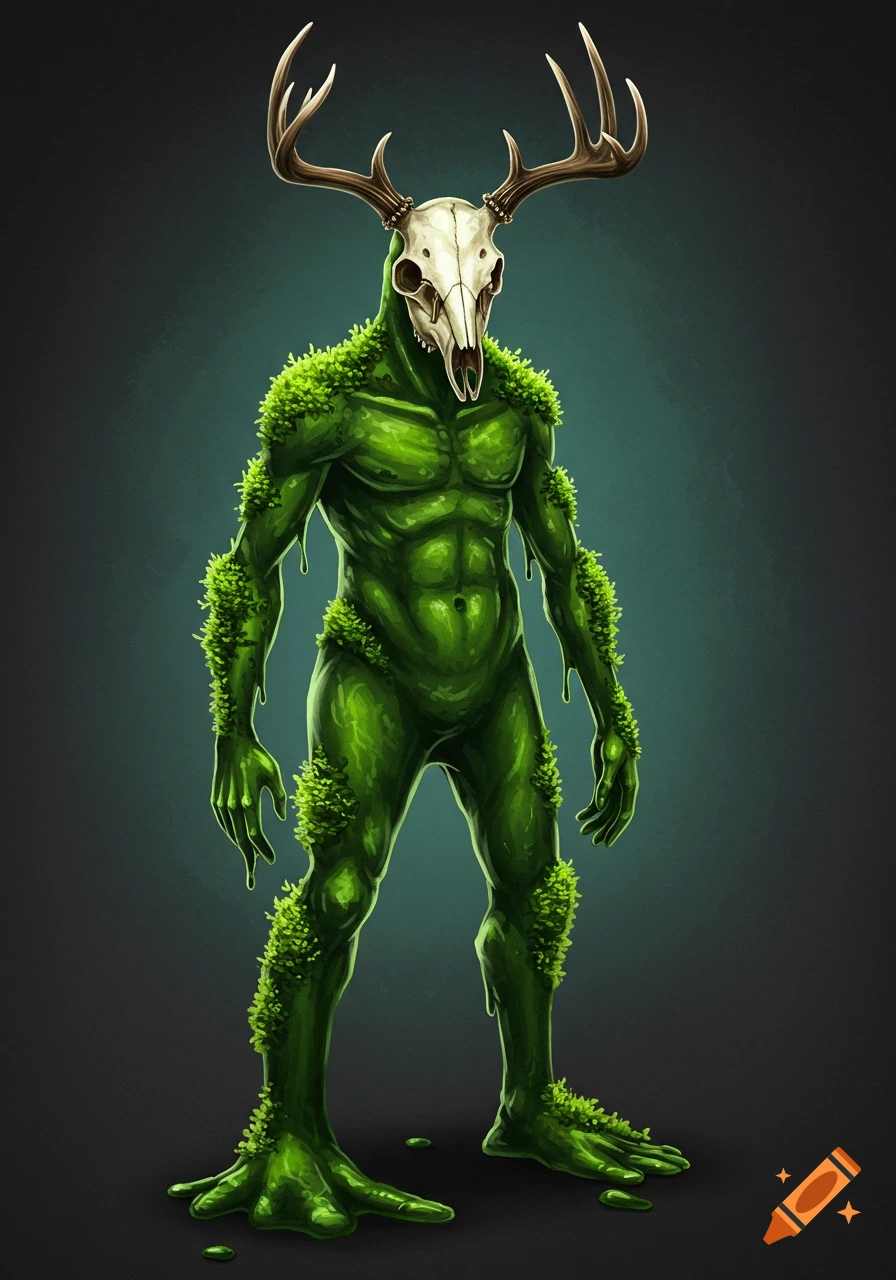 A green slime creature wearing a deer skull and covered in moss stands in a forest.