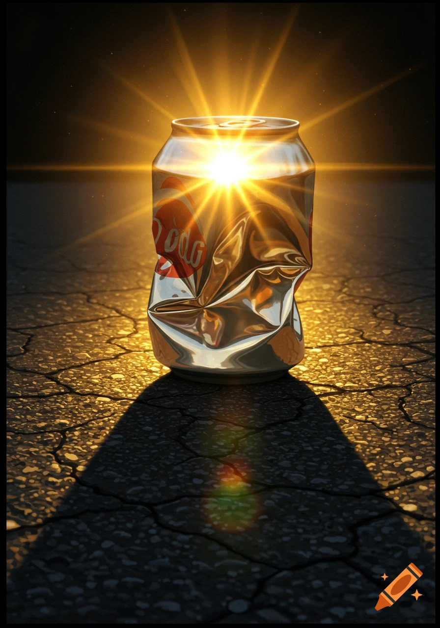 Crushed silver soda can with red label sitting on cracked ground at sunset with sunburst reflecting off it.