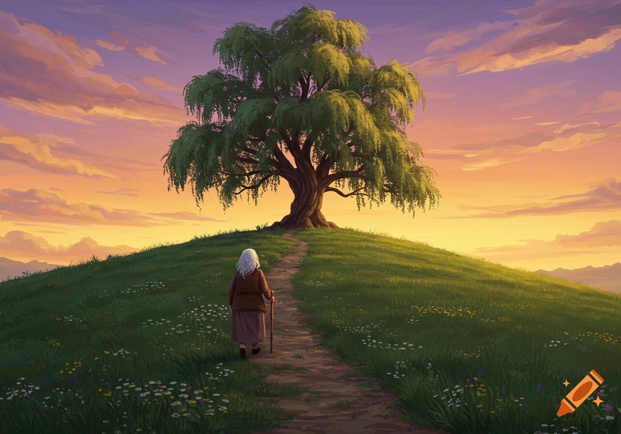 An elderly person walks up a path towards a large willow tree on a grassy hill at sunset.