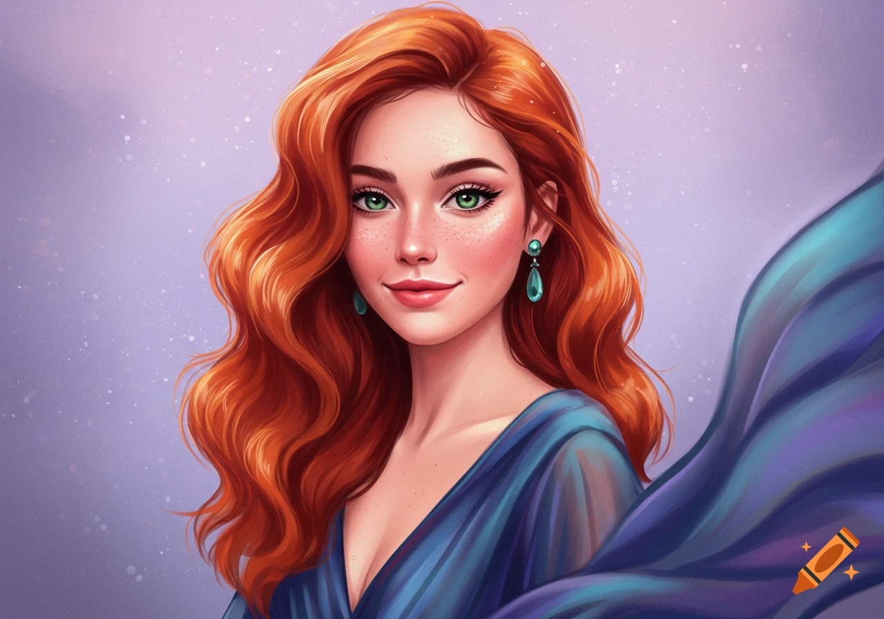 A woman with red hair and green eyes in a blue dress.
